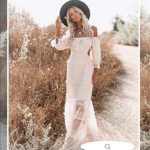 White/cream backless, off the shoulder maxi dress.
